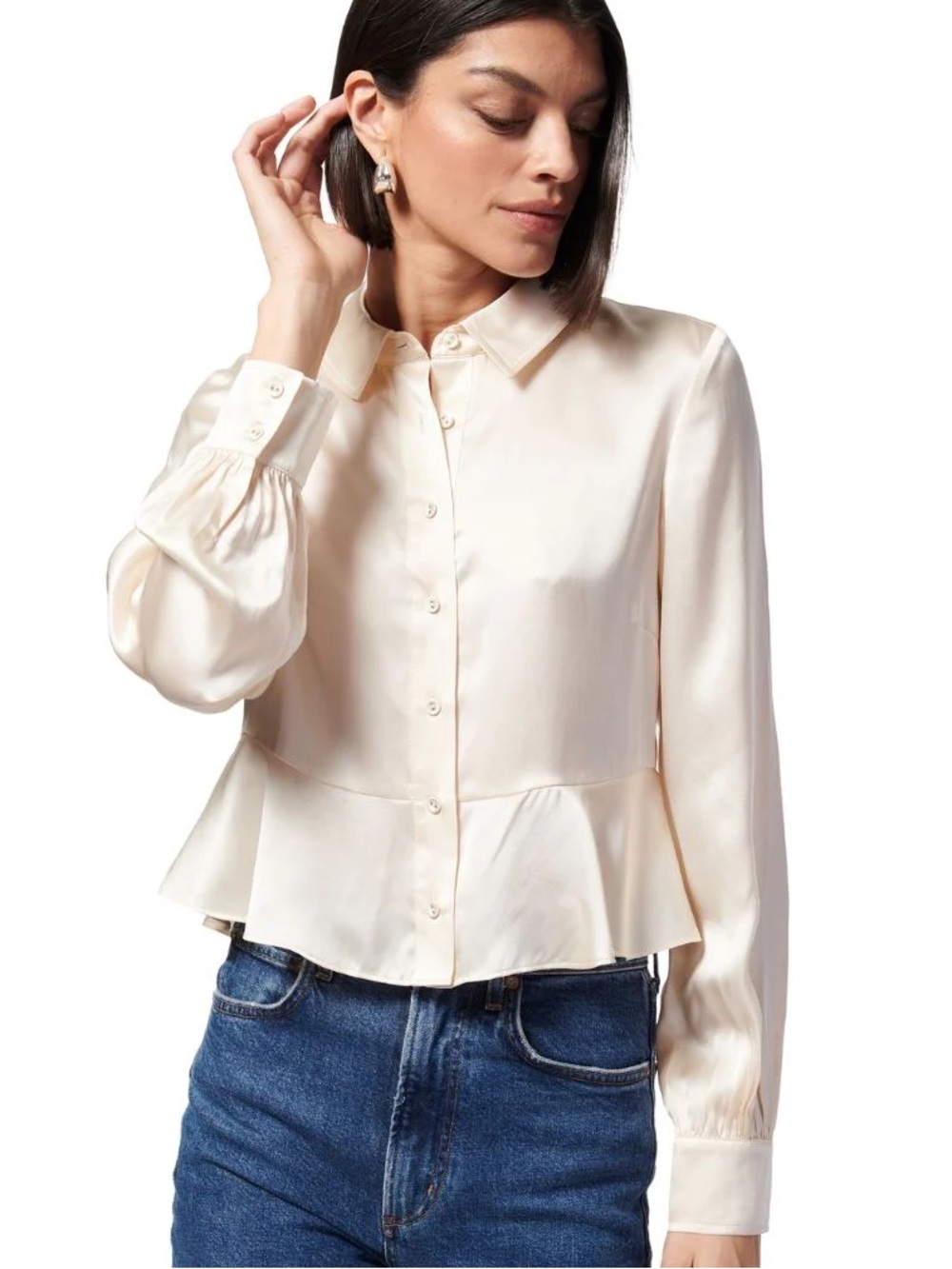Cami NYC Lorina Silk Blouson-Sleeve Button Down Top Ceramic Cream Vanilla NEW M